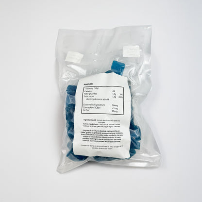 Pochon sous vide de gummies au THC goûts myrtille à 30mg de CBD verso