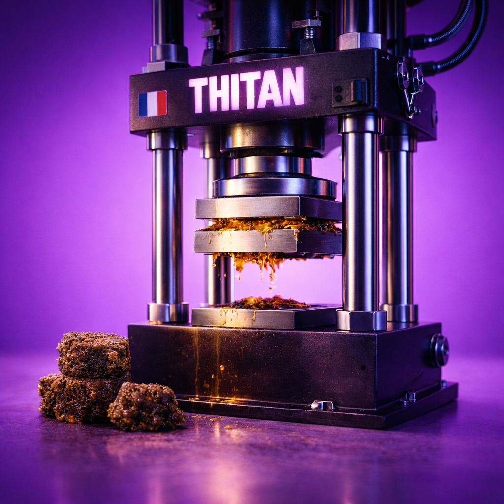 Image IA d'une presse hydraulique qui écrase de la résine de CBD